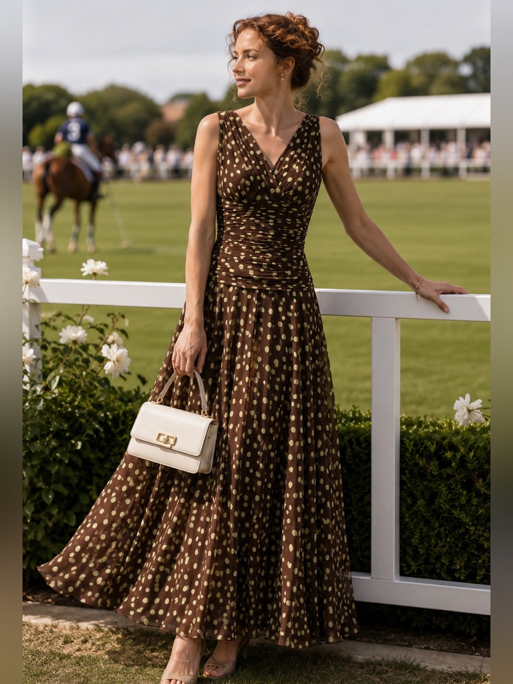 Suzy Chin Silk Chiffon Brown Green Polka Dot Dress